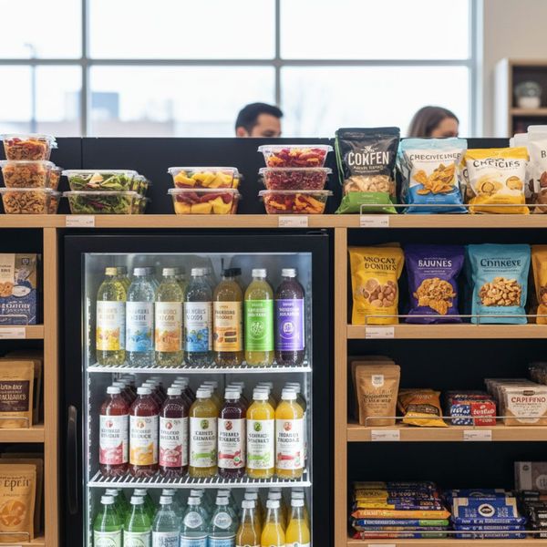A close-up view of a micro-market display features a variety of healthy snacks, fresh pre-packaged meals, and bottled beverages in a refrigerated section.