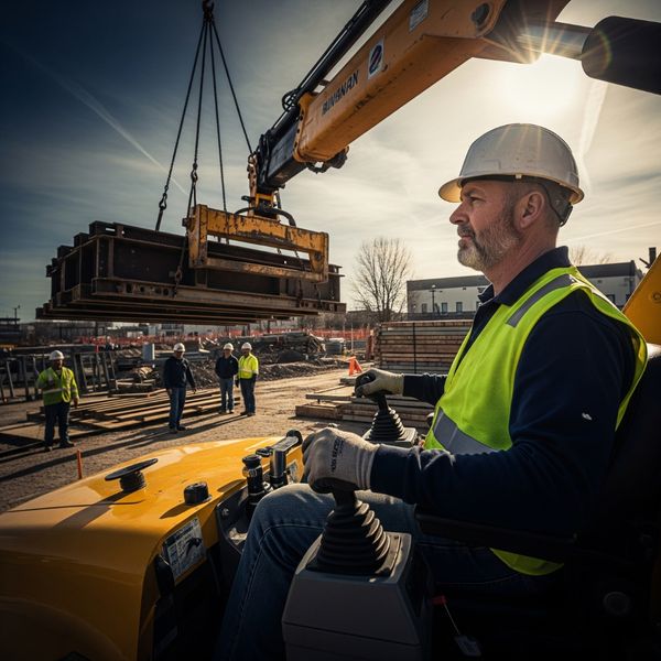 A skilled boom truck operator carefully maneuvering a heavy load on a construction site. A skilled boom truck operator carefully maneuvering a heavy load on a construction site.