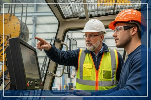 An experienced practical examiner in a safety vest and hard hat instructing a crane operator at the controls of a large crane. An experienced practical examiner in a safety vest and hard hat instructing a crane operator at the controls of a large crane.