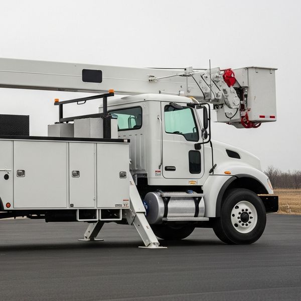 A white boom truck with its crane arm retracted.