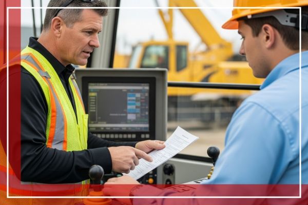 An experienced practical examiner instructing a crane operator in St. Louis, with a focus on a professional training setting. An experienced practical examiner instructing a crane operator in St. Louis, with a focus on a professional training setting.
