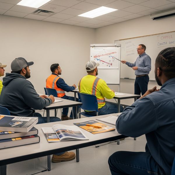 A diverse group of construction workers learning about crane safety in a classroom. A diverse group of construction workers learning about crane safety in a classroom.
