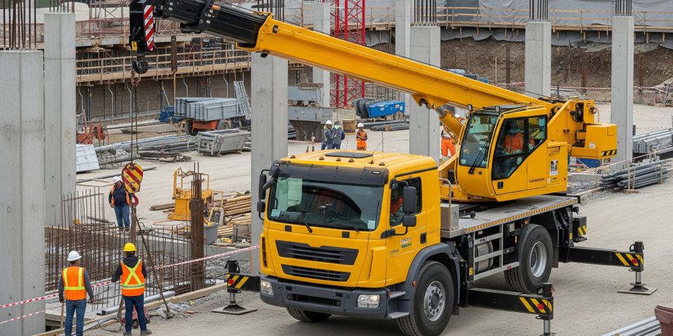 A modern yellow boom truck operating on a busy construction site.