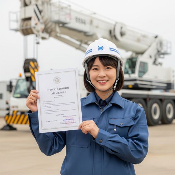 A newly certified female crane operator proudly holding up her official certificate. A newly certified female crane operator proudly holding up her official certificate.