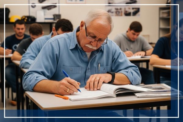 An experienced crane operator in Springfield, Missouri, focused on a boom truck certification exam in a professional training environment. An experienced crane operator in Springfield, Missouri, focused on a boom truck certification exam in a professional training environment.