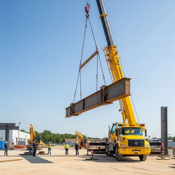 A boom truck safely lifting a heavy steel beam at a construction site.