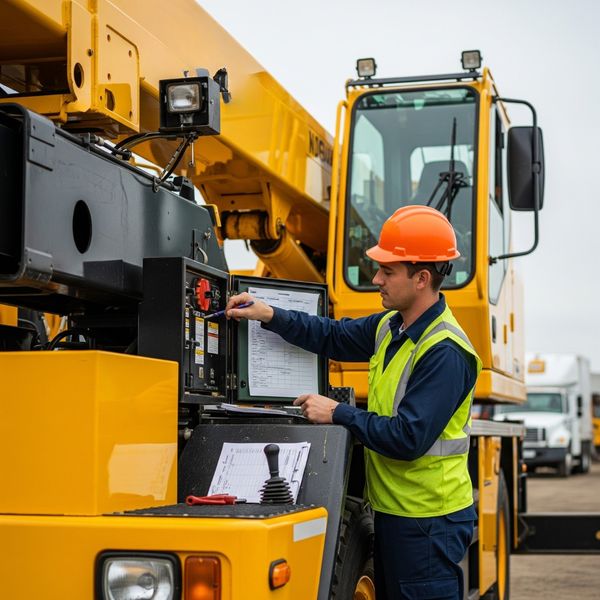 An operator in a hard hat conducting a pre-operational inspection on a boom truck.