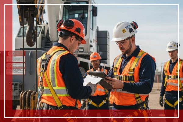 An OSHA-compliant crane operator training session with an instructor and trainee reviewing safety protocols near an industrial crane. An OSHA-compliant crane operator training session with an instructor and trainee reviewing safety protocols near an industrial crane.