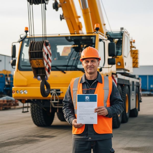 A certified crane operator proudly holding his certificate of completion.