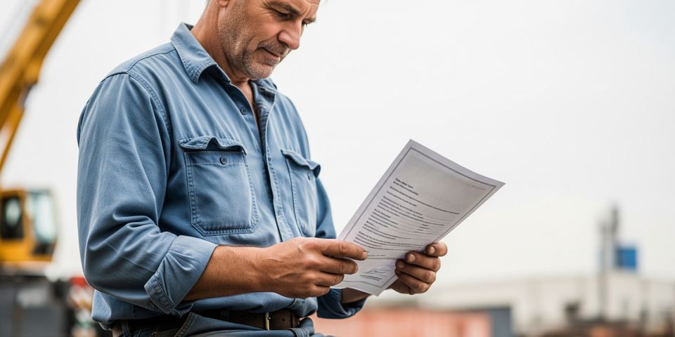 An experienced crane operator reviewing his formal certification document with a look of pride.