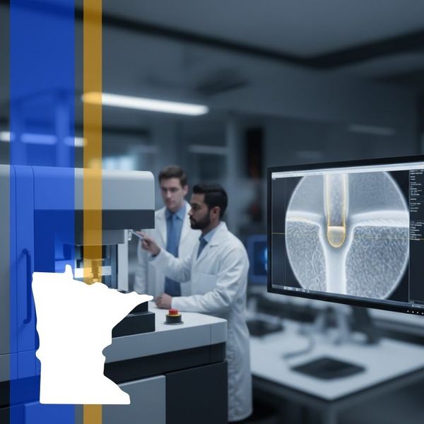 A professional electronics laboratory setting where two technicians in white lab coats observe a high-resolution X-ray inspection (AXI) of a lead-free solder joint on a digital monitor.