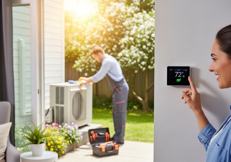 Woman Adjusting Smart Thermostat While Technician Services AC Unit