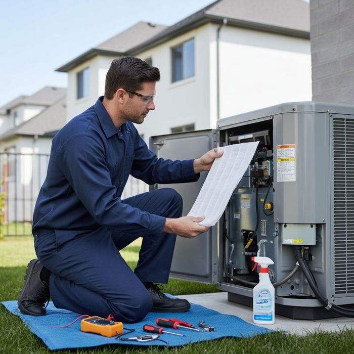 an HVAC technician conducting maintenance on a unit