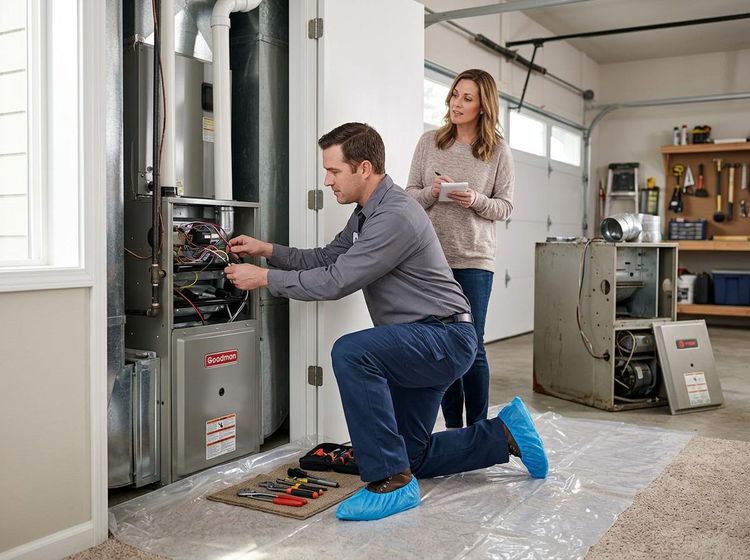 An HVAC technician kneels in blue shoe covers, servicing a Goodman furnace while a homeowner watches. Tools are on a mat. HVAC Technician Servicing a Furnace with Homeowner Observing