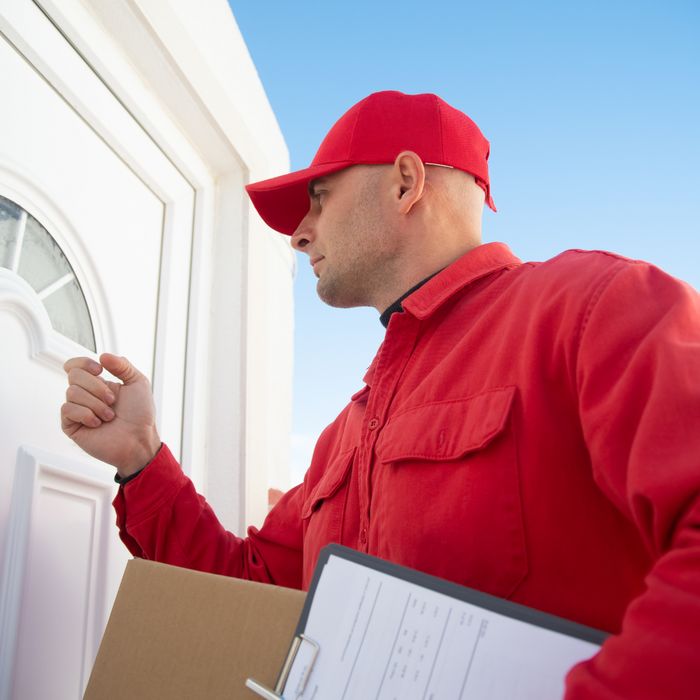An HVAC technician knocking on a customer's door