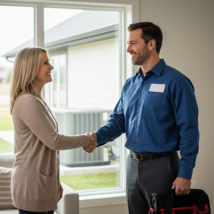 a friendly technician shaking hands with a satisfied female homeowner in a bright living room