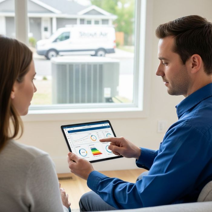 a professional HVAC technician showing a homeowner a tablet with a load calculation, explaining the importance of correctly sizing a residential HVAC unit