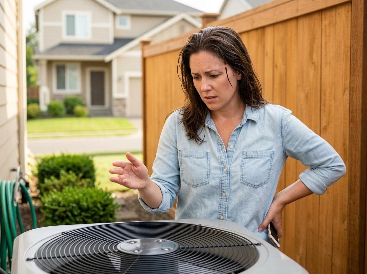 Woman looking at a malfunctioning AC unit