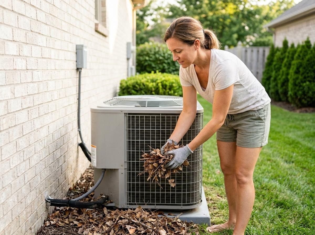 Woman cleaning leaves from outdoor air conditioning unit