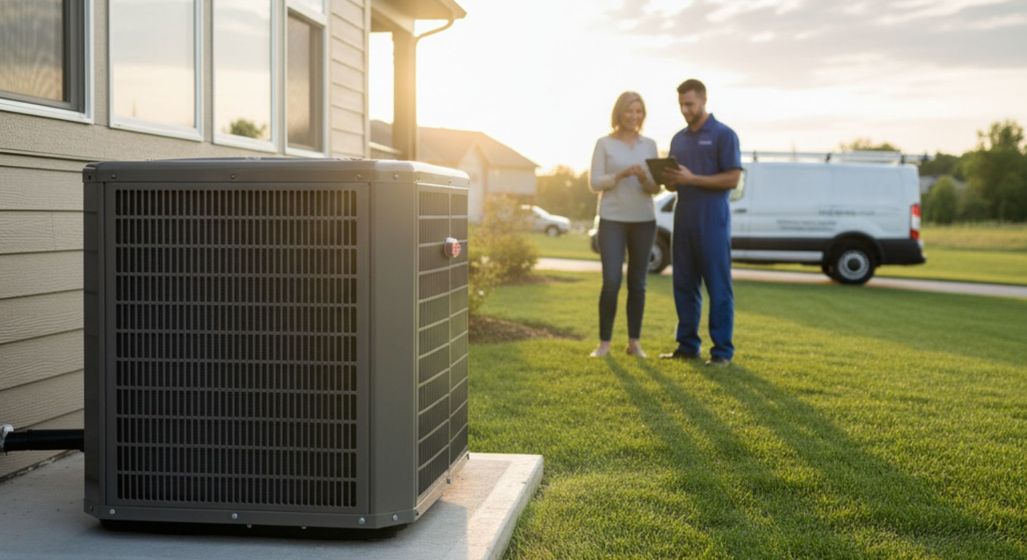 modern, new residential HVAC condenser unit installed outside a home at sunset, with a technician discussing options with a homeowner in the background