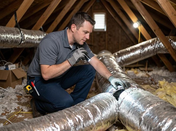 A male HVAC technician in a gray shirt and gloves uses a flashlight to inspect flexible silver ductwork in a cluttered attic with insulation. HVAC Technician Inspecting Attic Ductwork