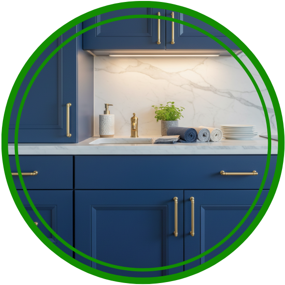 A detailed view of custom navy blue cabinetry with brass hardware, built by an expert Greenwich cabinet contractor.