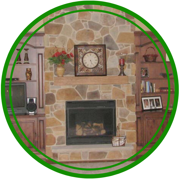 Fireplace sandwiched between cabinets