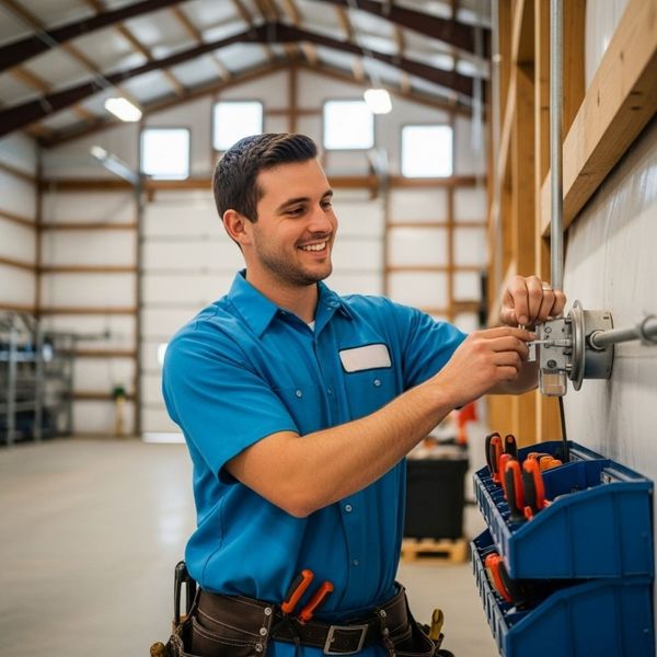 a friendly, local electrician installing lighting in a pole barn