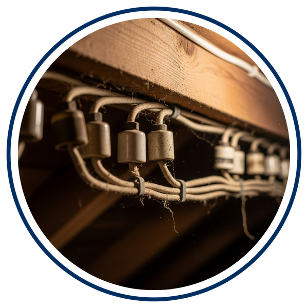 old, exposed knob-and-tube wiring system in an attic
