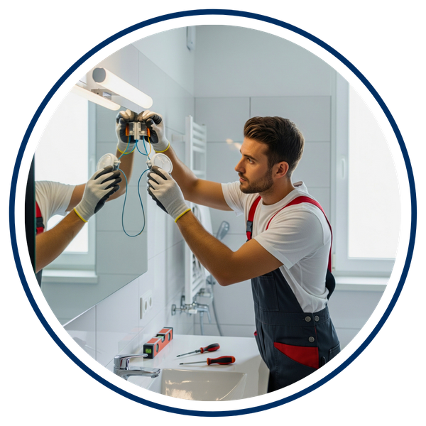 electrician wearing gloves installing a new LED light fixture on a bathroom wall