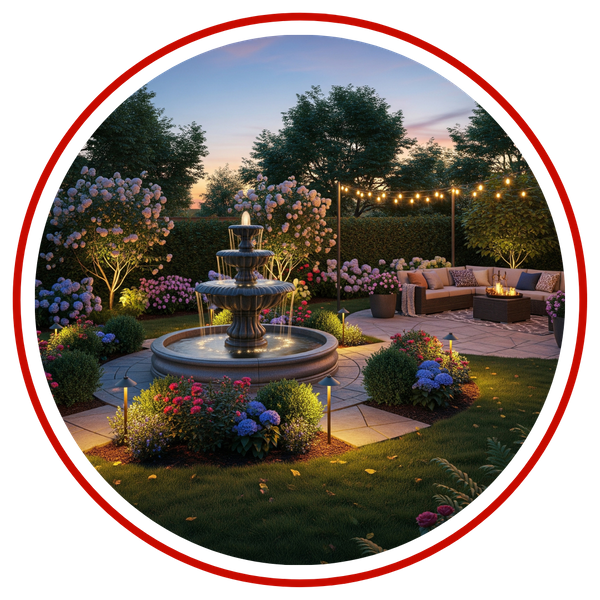 backyard scene at dusk, with soft landscape lighting highlighting a fountain and garden.
