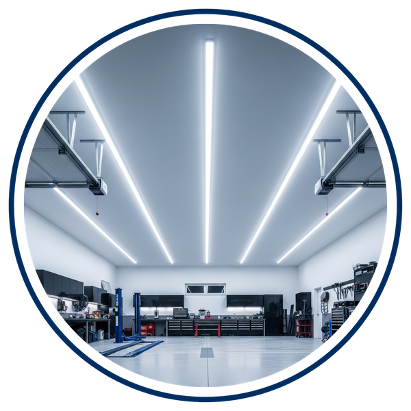 bright, energy-efficient LED lighting providing excellent visibility in a clean garage