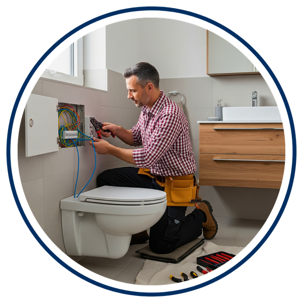 An electrician connecting the electrical wiring for a toilet