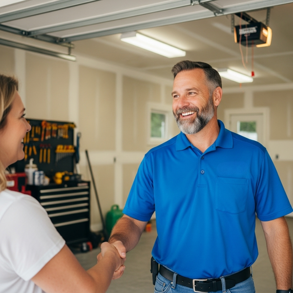 electrician shaking hands with a satisfied customer in their garage