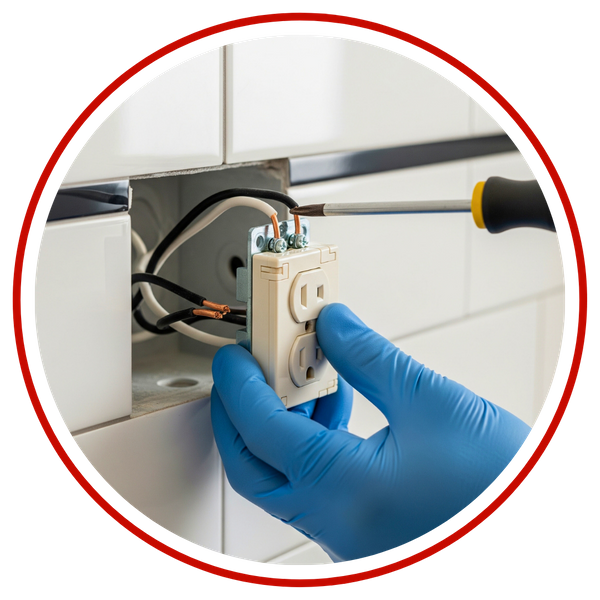 A close-up view of an electrician holding a new GFCI outlet