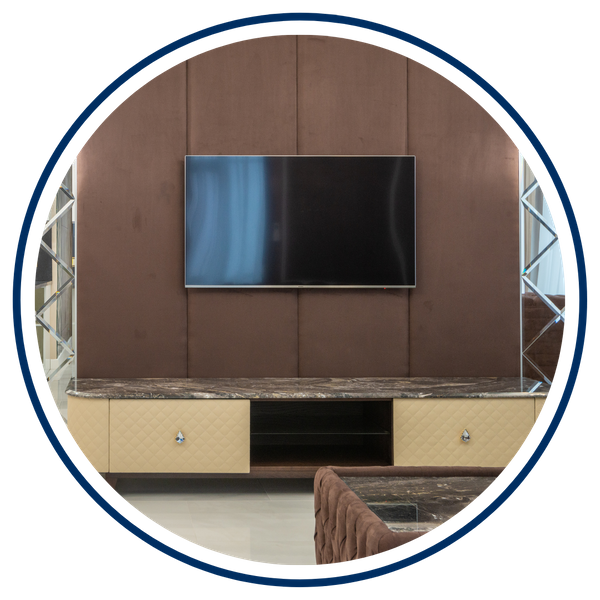 a wall-mounted TV with all wires perfectly concealed inside the wall for a clean, 'floating' appearance
