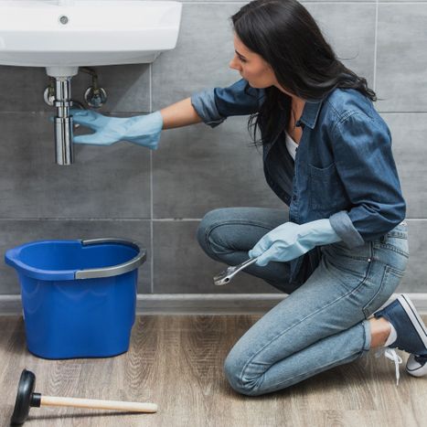 woman fixing sink