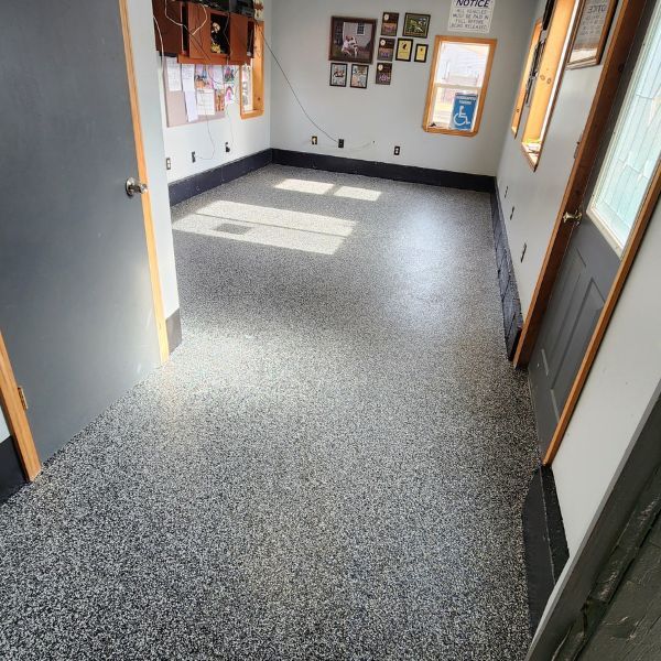 speckled garage flooring, natural lighting