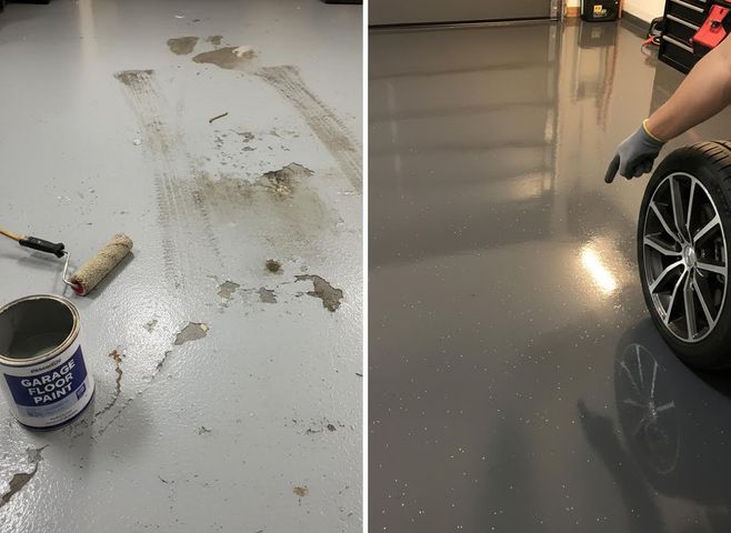 A before-and-after comparison showing a damaged, peeling garage floor and a new, glossy gray epoxy floor. Garage Floor Before and After Epoxy Coating