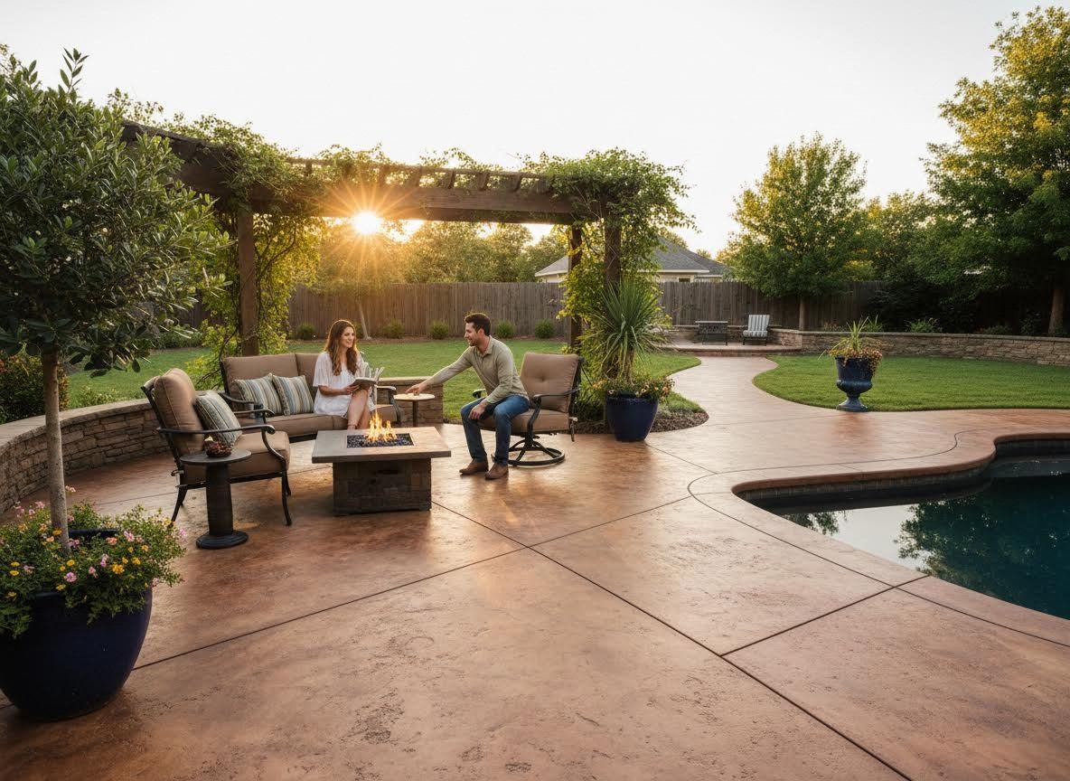 Stamped Concrete Patio with Fire Pit and Pool at Sunset