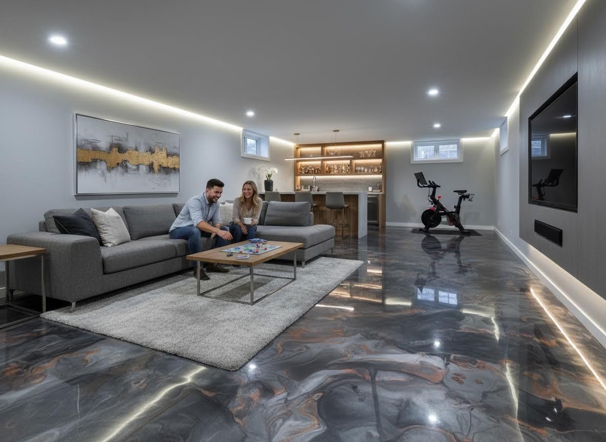 Contemporary Basement with Entertainment Zone and Epoxy Floor