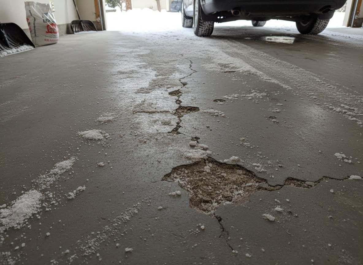 Cracked Garage Floor with Salt and Ice