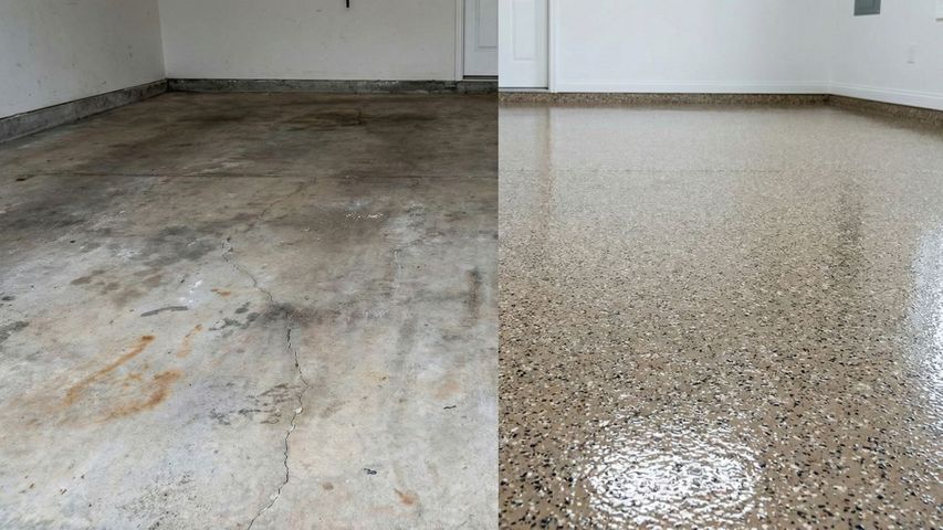 before and after split photo of a garage floor, half cracked concrete and half new glossy epoxy.