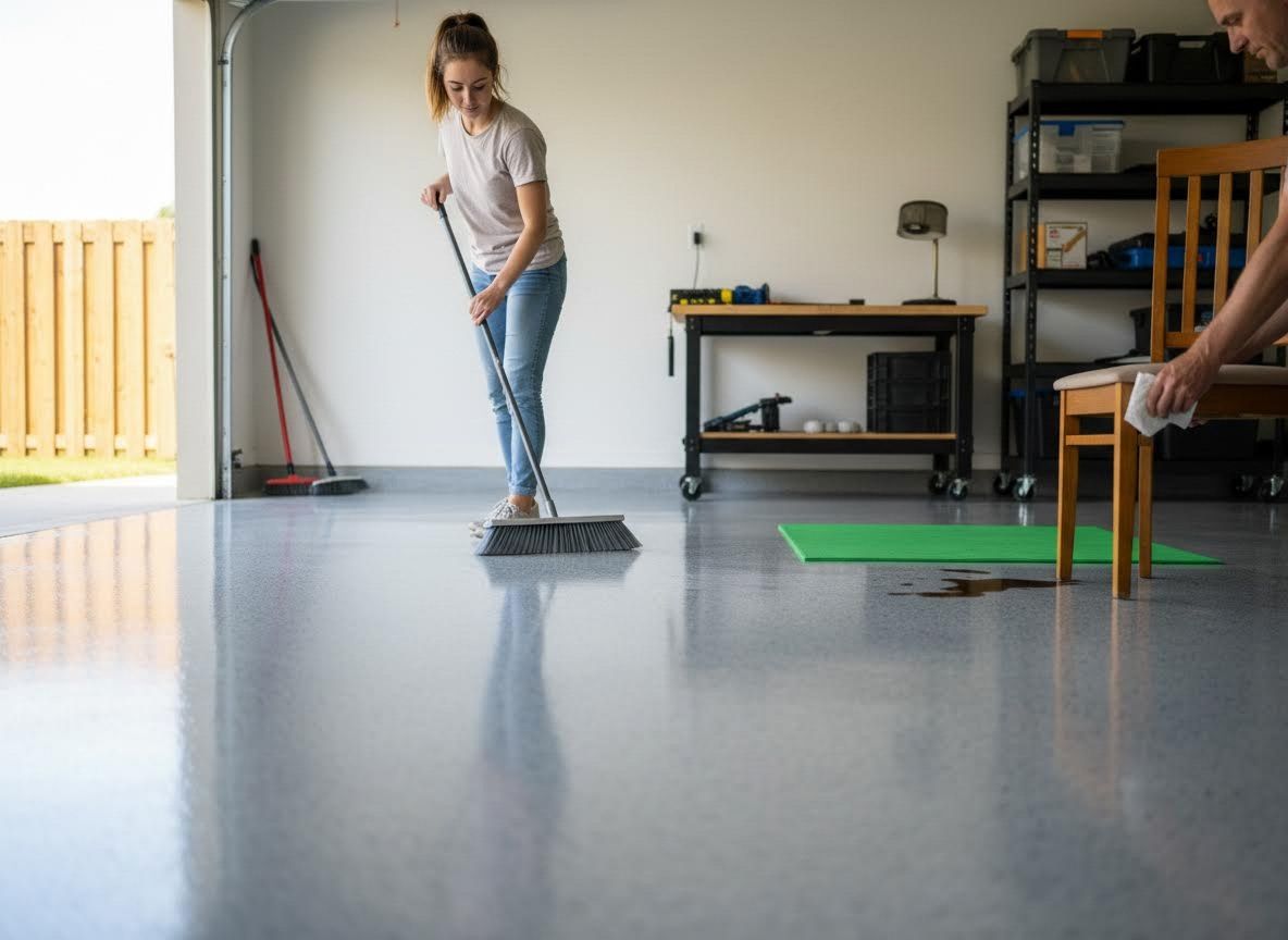 Couple cleaning and organizing a garage with epoxy floor