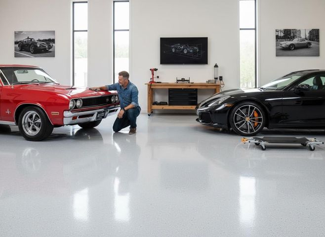 Man Detailing Classic Car in Modern Garage