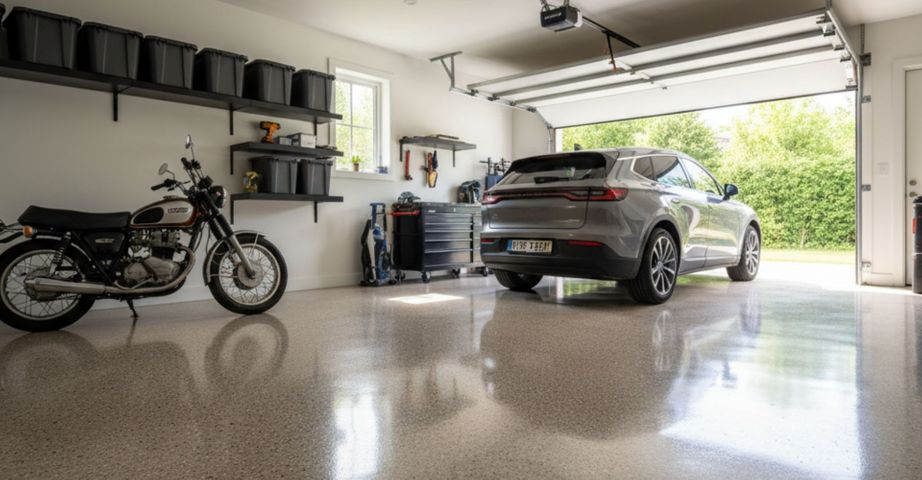 A clean, well-lit modern garage features a newly coated, glossy floor reflecting a parked car and motorcycle.