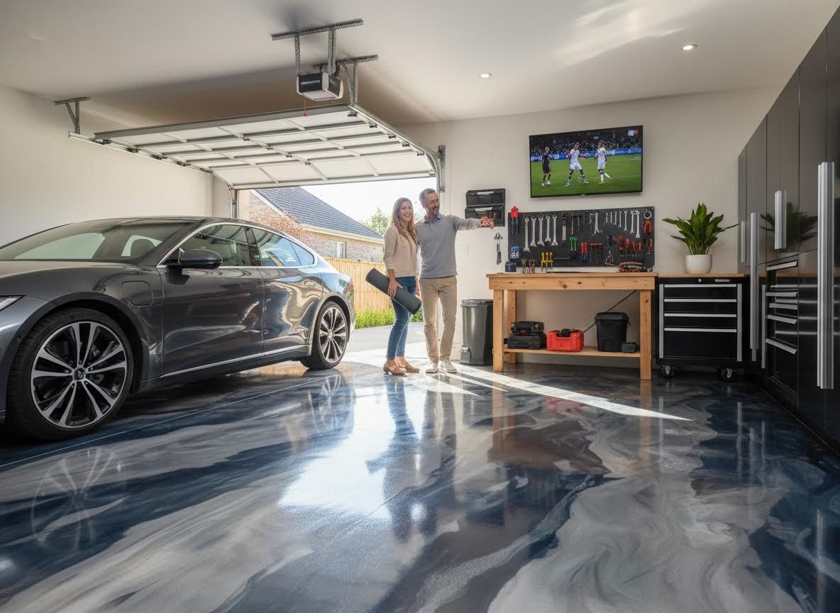 Modern Garage with Epoxy Floor and Organized Tools