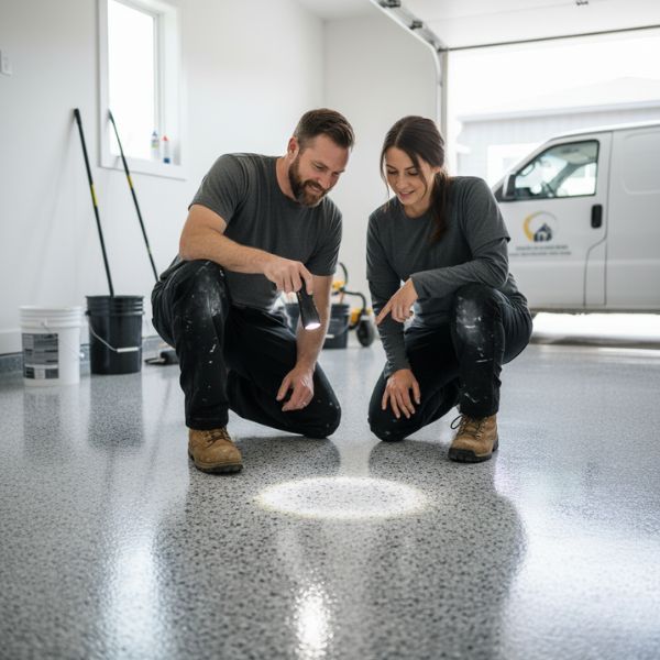 Professional epoxy floor contractors inspecting a finished garage floor. Professional epoxy floor contractors inspecting a finished garage floor.