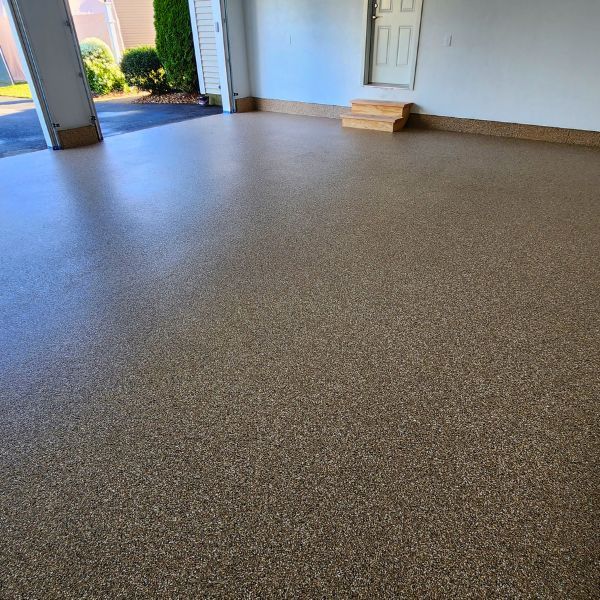 a newly installed epoxy garage floor