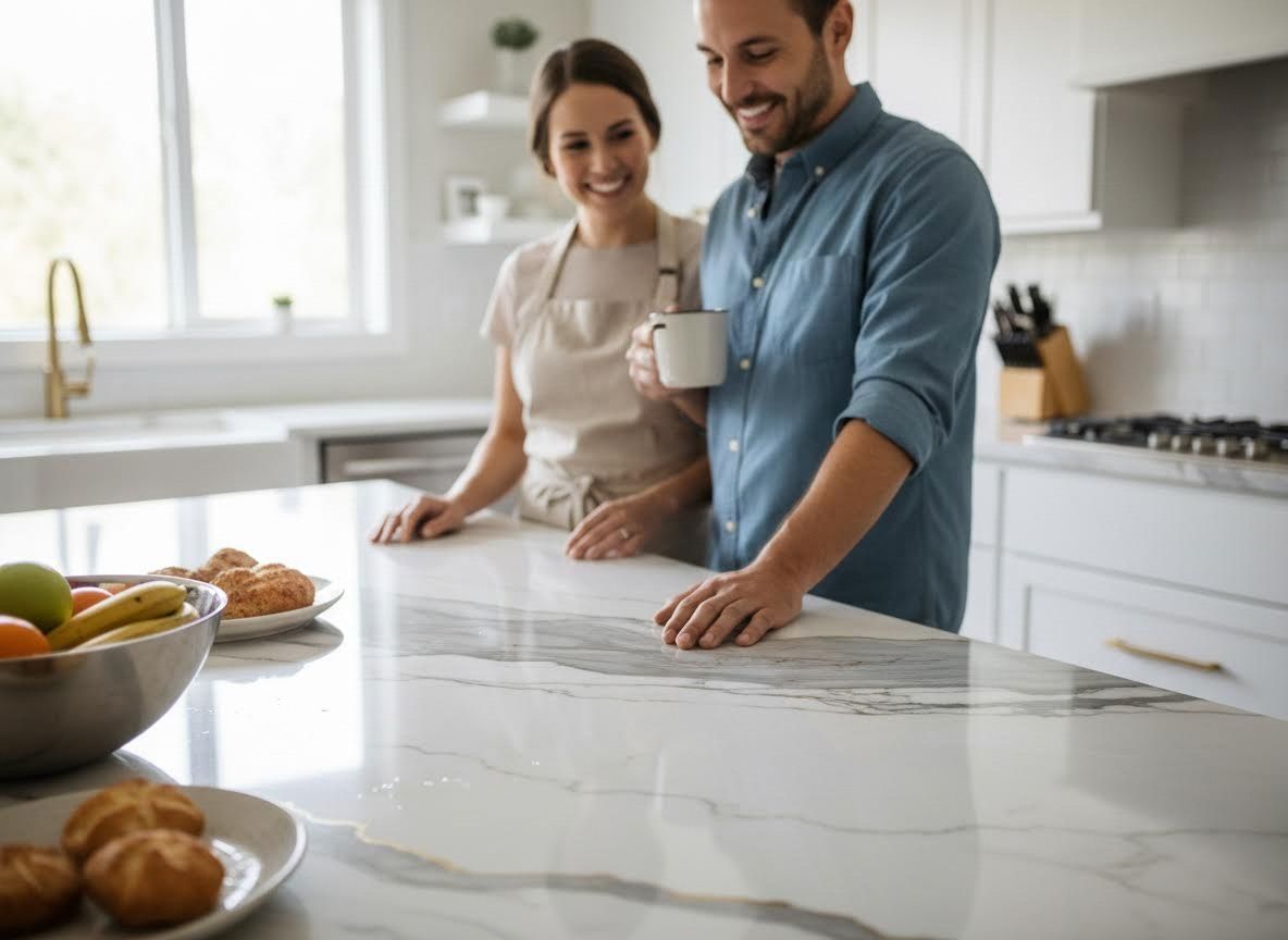 Couple in Modern Kitchen with Marble Countertop